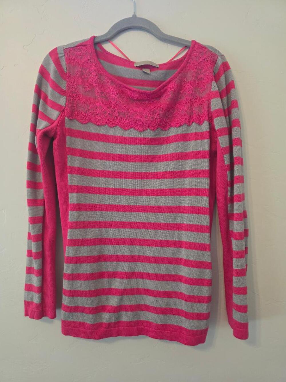 One A Pink Gray Striped Lace Sweater Women’s M Coquette 2012
